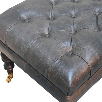 Sutton Buffalo Leather Ash Black Tufted Ottoman with Castor Legs