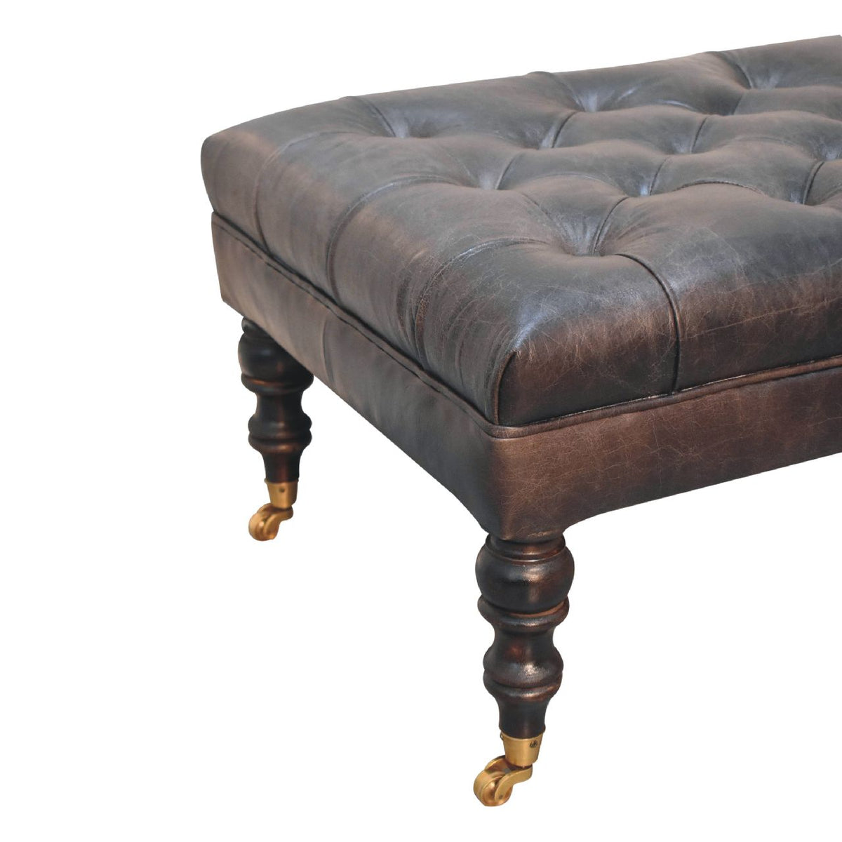 Sutton Buffalo Leather Ash Black Tufted Ottoman with Castor Legs