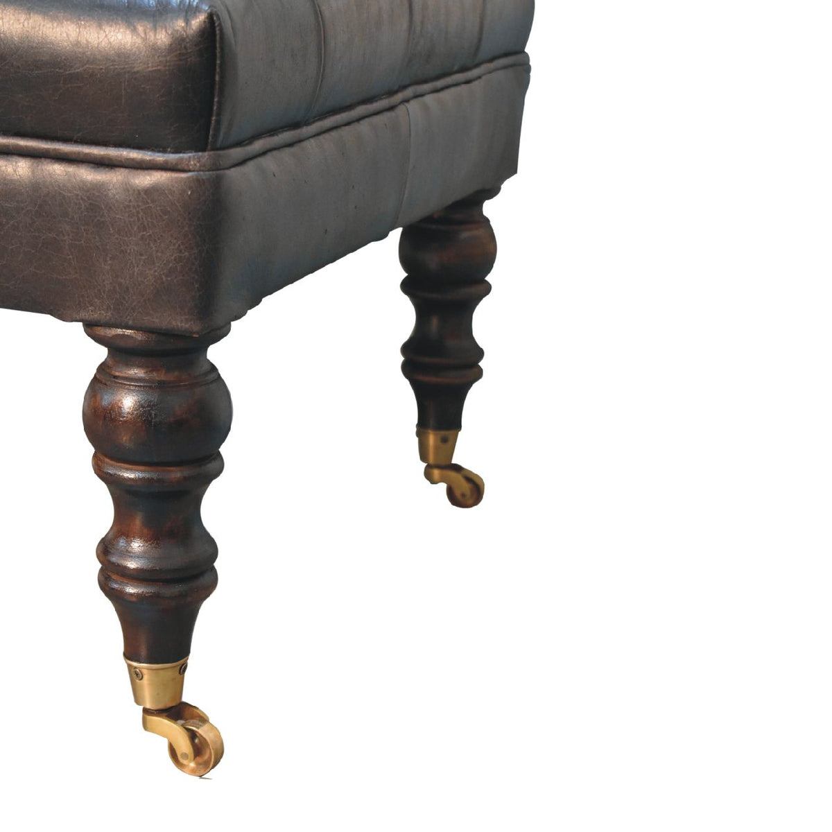 Sutton Buffalo Leather Ash Black Tufted Ottoman with Castor Legs