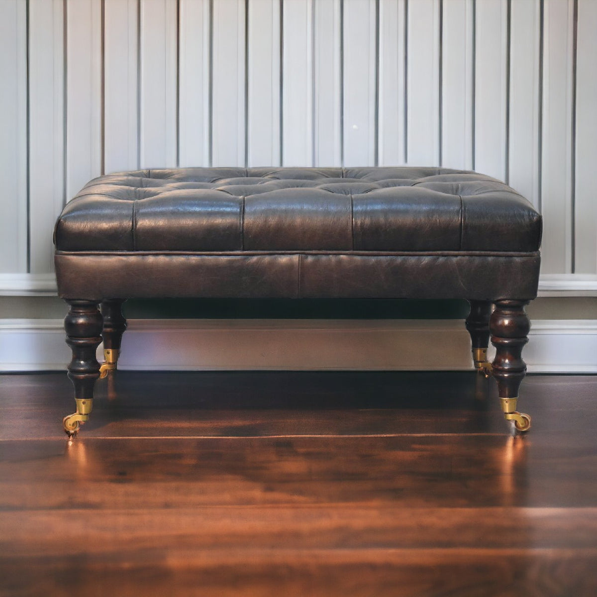 Sutton Buffalo Leather Ash Black Tufted Ottoman with Castor Legs