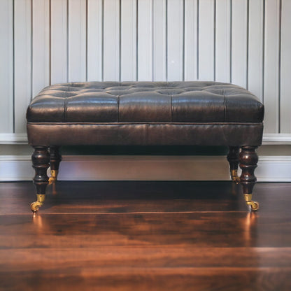 Sutton Buffalo Leather Ash Black Tufted Ottoman with Castor Legs