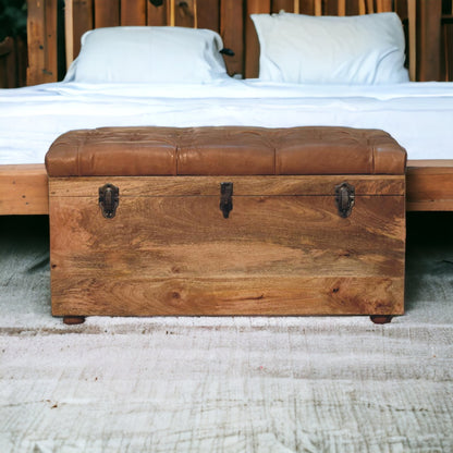 Sutton Buffalo Leather Oak Finish Storage Trunk