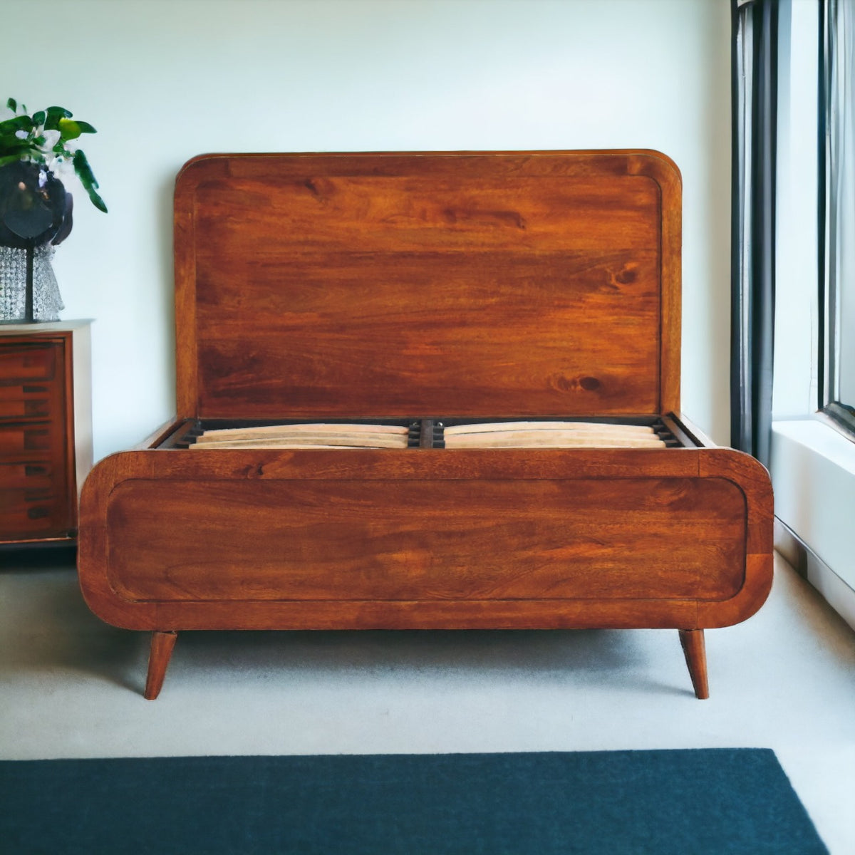Curved Chestnut Solid Mango Wood Double Bed Frame