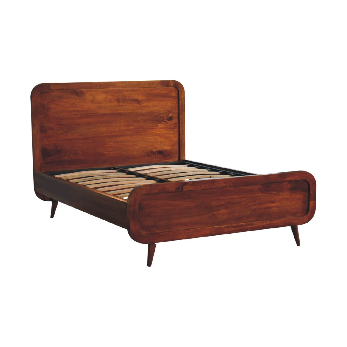Curved Chestnut Solid Mango Wood Double Bed Frame