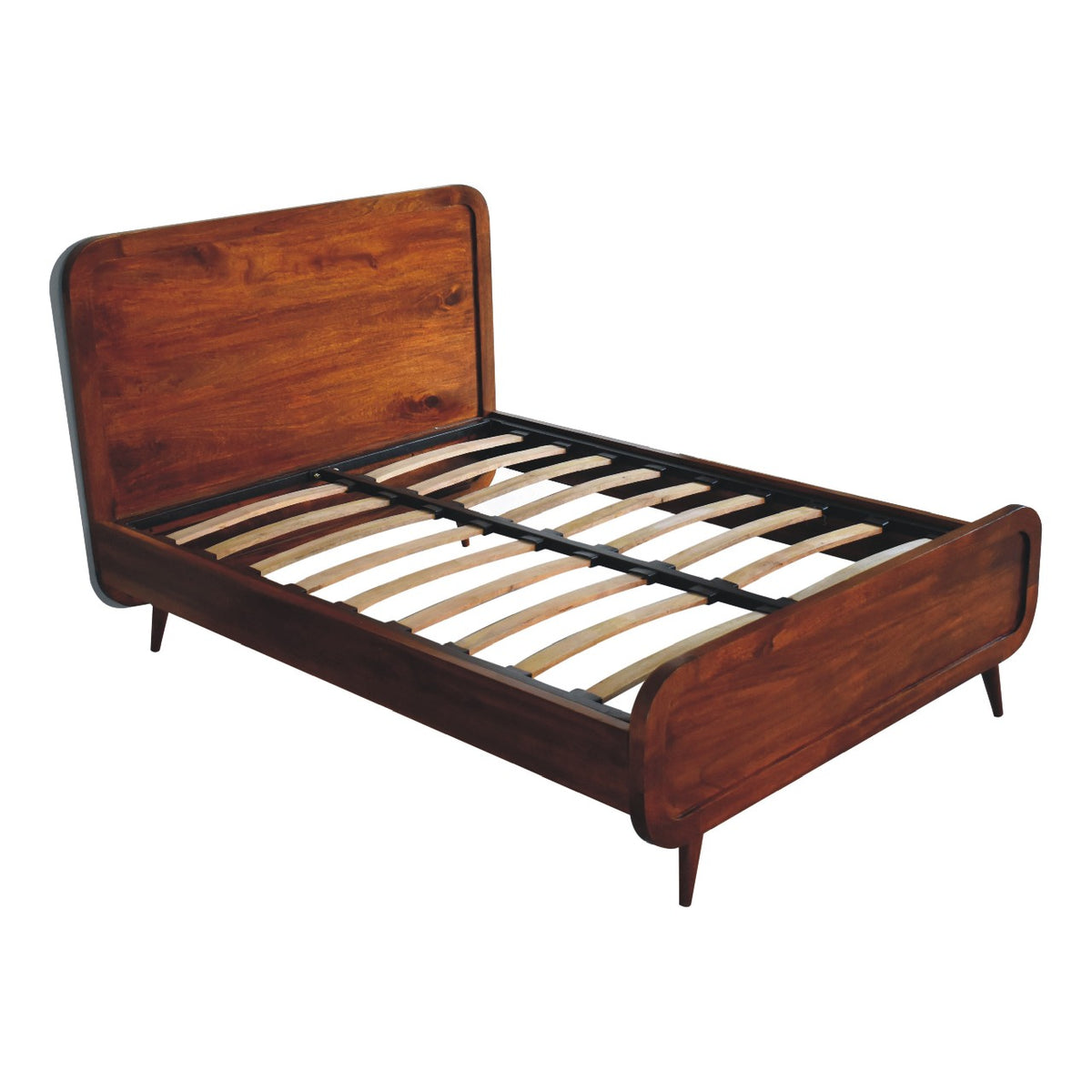 Curved Chestnut Solid Mango Wood Double Bed Frame