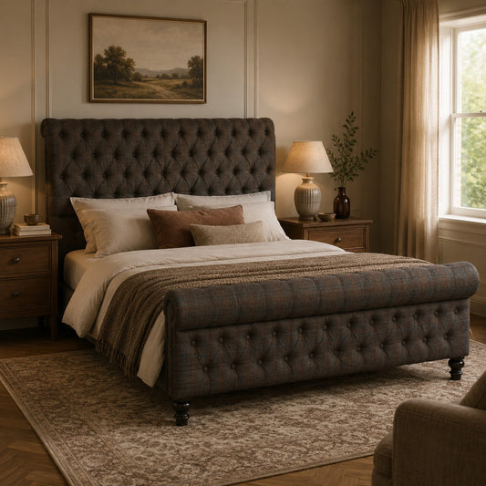 Multi Tweed Roll-Top Upholstered Bed Frame