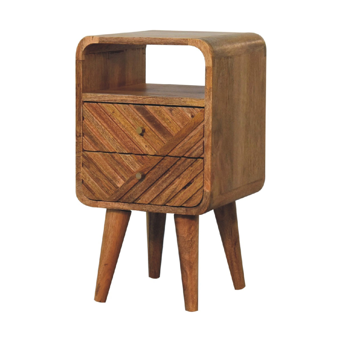 Small Oak Carved Line Curved Nightstand