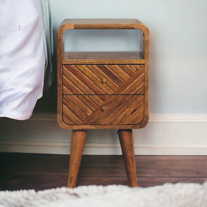 Small Oak Carved Line Curved Nightstand