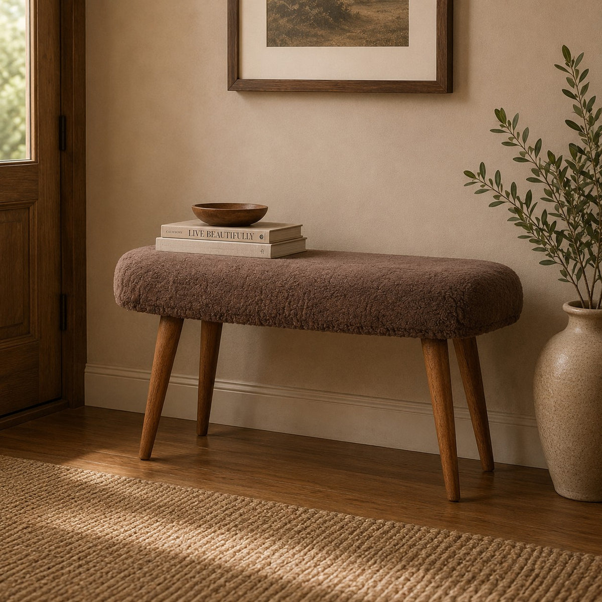 Nordic Mocha Faux Fur Upholstered Bench
