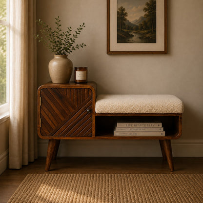 Bouclé Montauk Carved Chestnut Solid Wood Telephone Table Bench