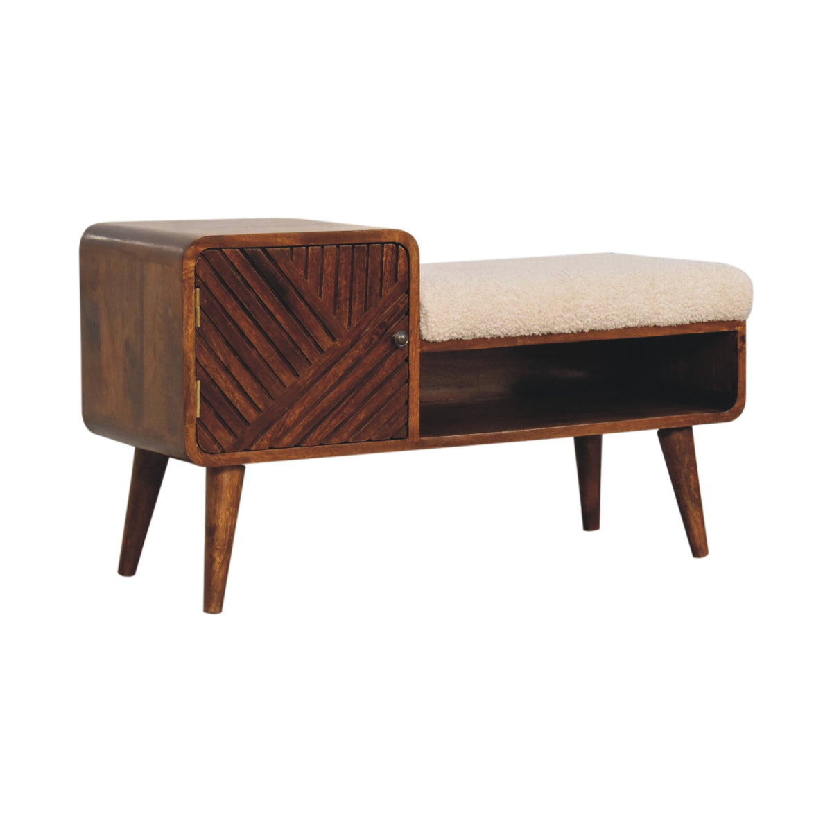 Bouclé Montauk Carved Chestnut Solid Wood Telephone Table Bench