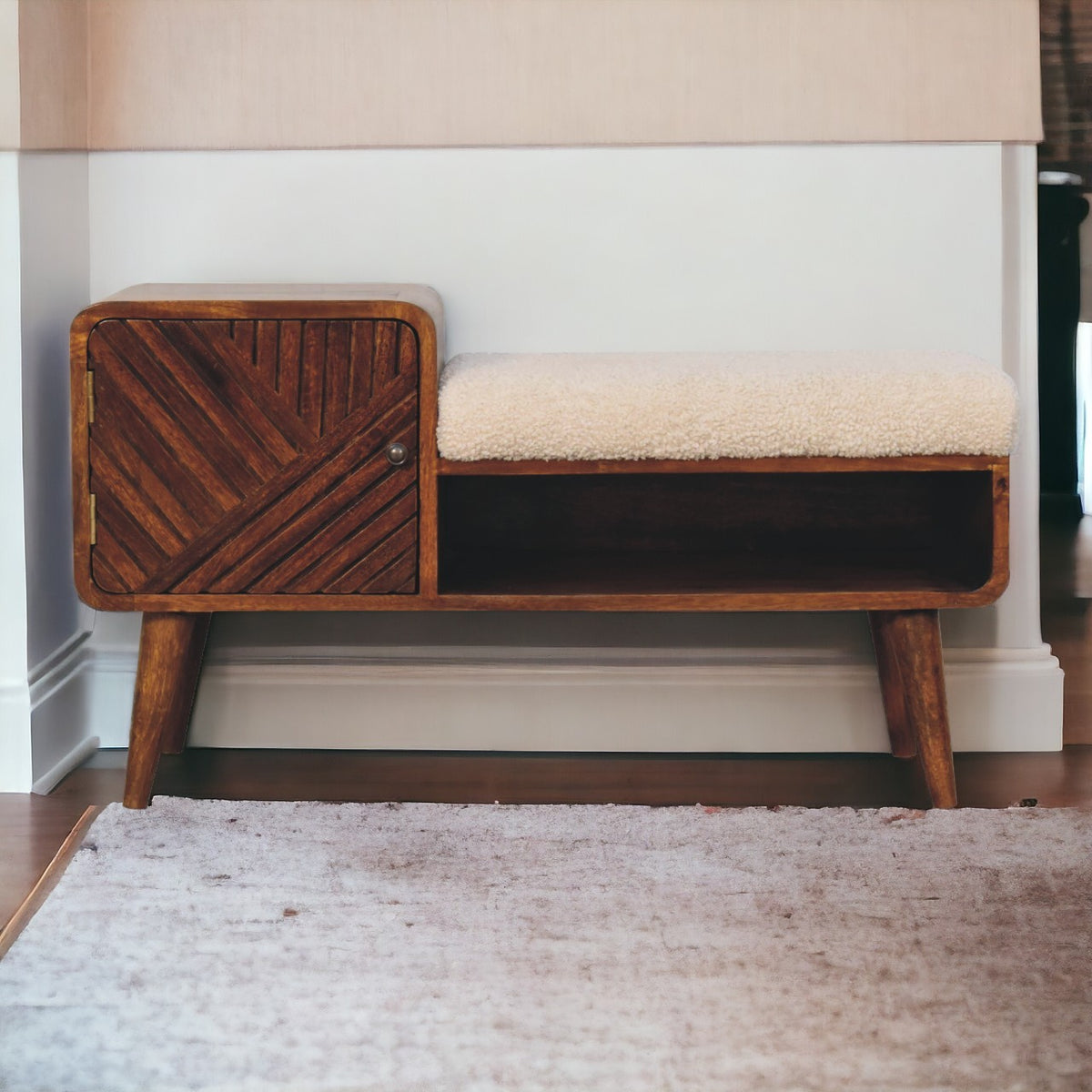 Bouclé Montauk Carved Chestnut Solid Wood Telephone Table Bench