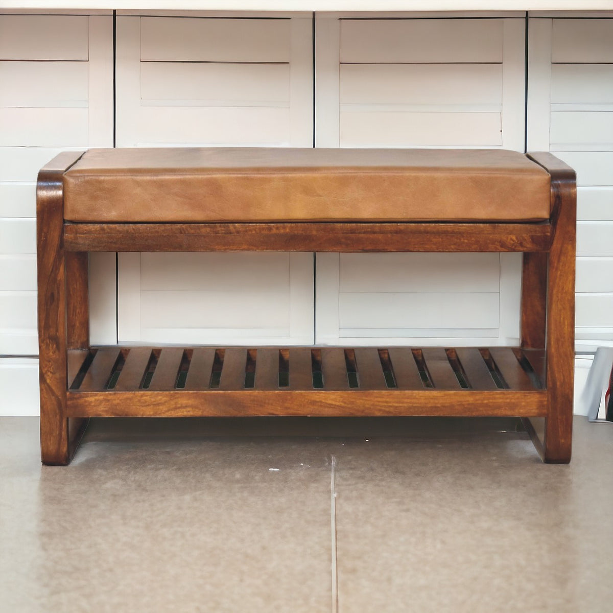 Sutton Buffalo Leather Small Slatted Hallway Bench