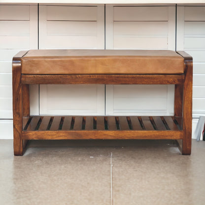 Sutton Buffalo Leather Small Slatted Hallway Bench