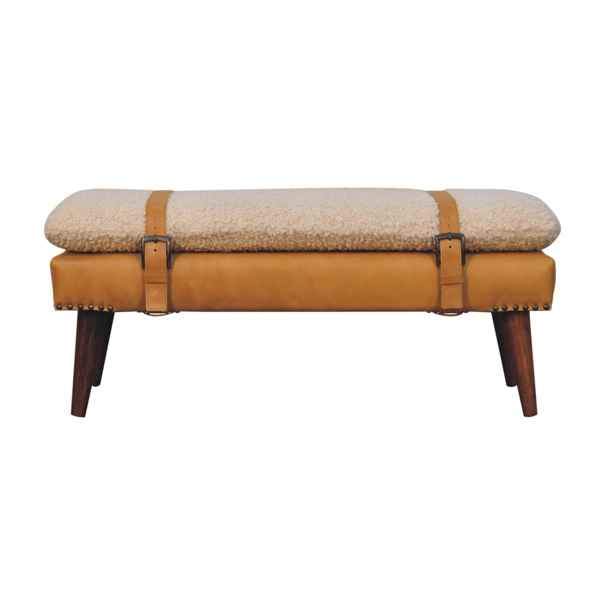 Bouclé Montauk Tan Leather Belted Solid Wood Bench