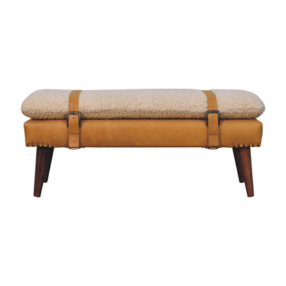 Bouclé Montauk Tan Leather Belted Solid Wood Bench