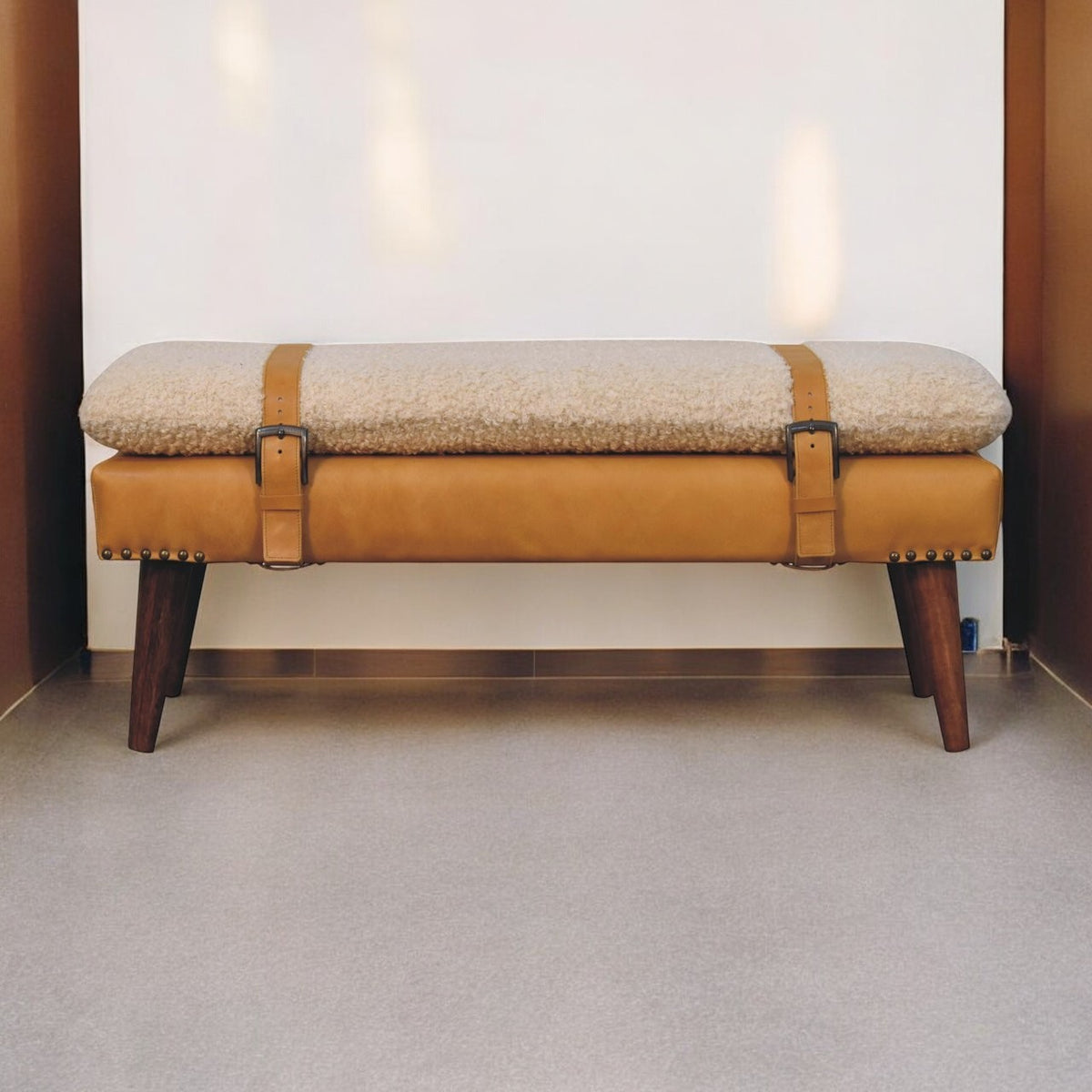 Bouclé Montauk Tan Leather Belted Solid Wood Bench