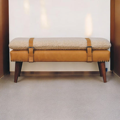 Bouclé Montauk Tan Leather Belted Solid Wood Bench