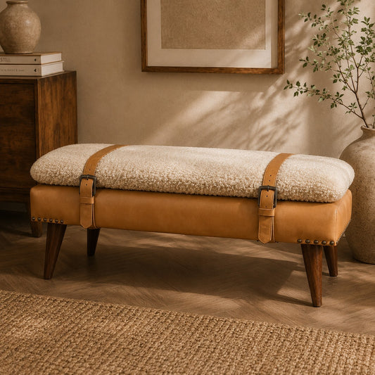 Bouclé Montauk Tan Leather Belted Solid Wood Bench