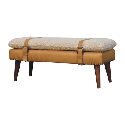 Bouclé Montauk Tan Leather Belted Solid Wood Bench