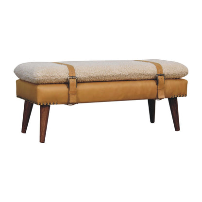 Bouclé Montauk Tan Leather Belted Solid Wood Bench