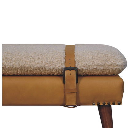 Bouclé Montauk Tan Leather Belted Solid Wood Bench