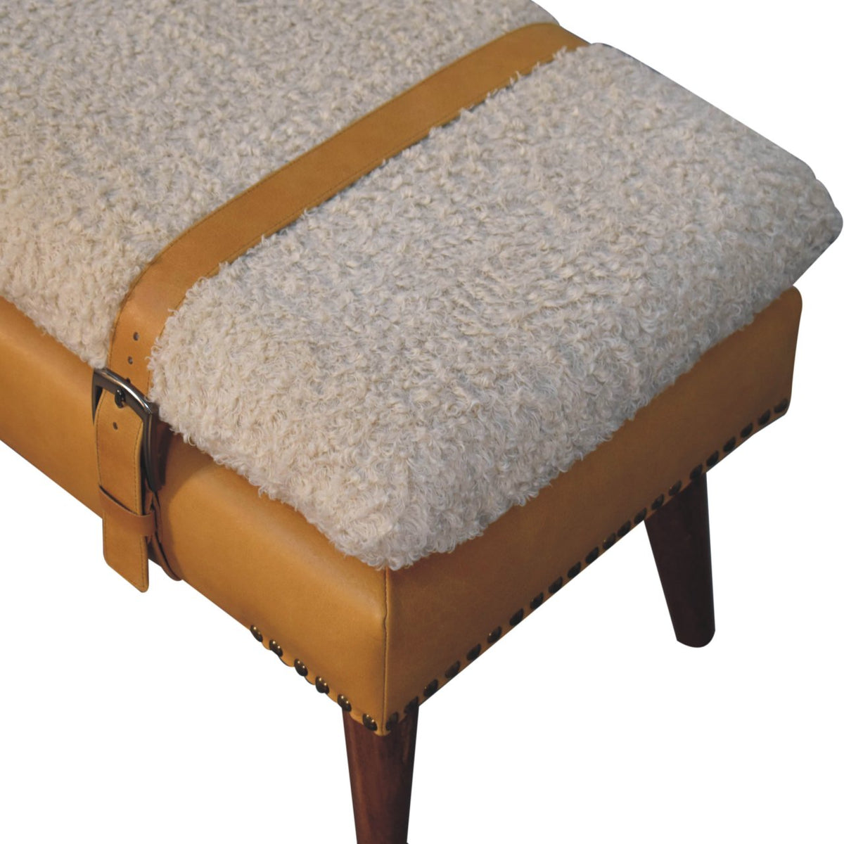Bouclé Montauk Tan Leather Belted Solid Wood Bench