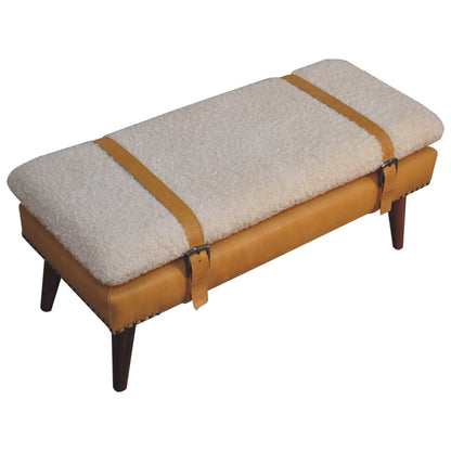 Bouclé Montauk Tan Leather Belted Solid Wood Bench