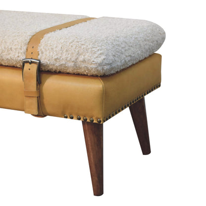 Bouclé Montauk Tan Leather Belted Solid Wood Bench