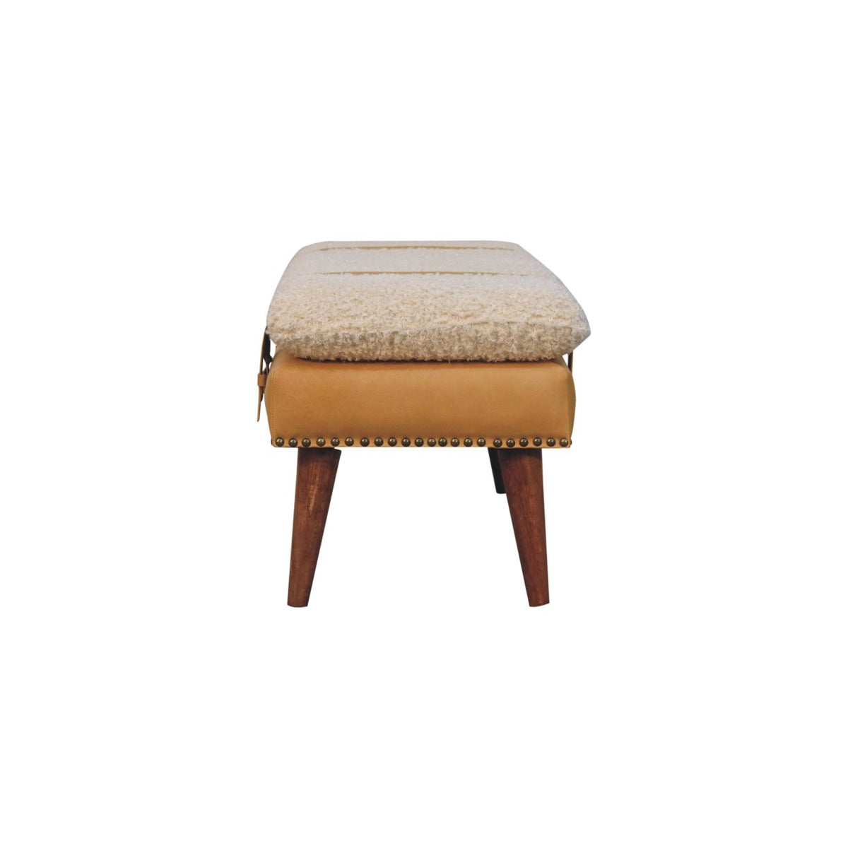Bouclé Montauk Tan Leather Belted Solid Wood Bench