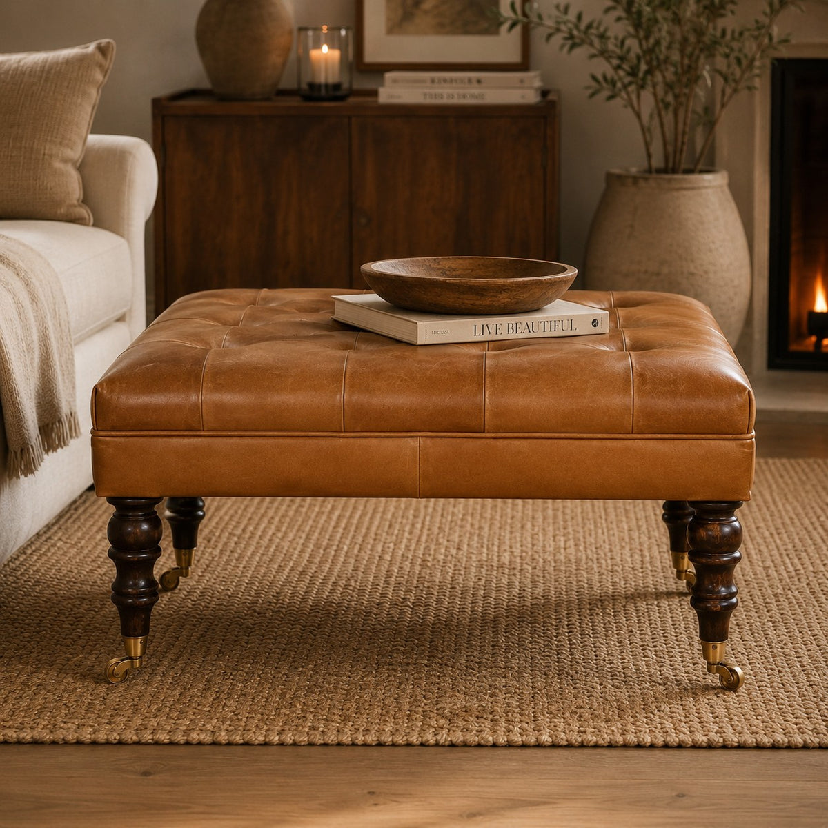 Sutton Buffalo Leather Studded Tan Ottoman with Castor Legs