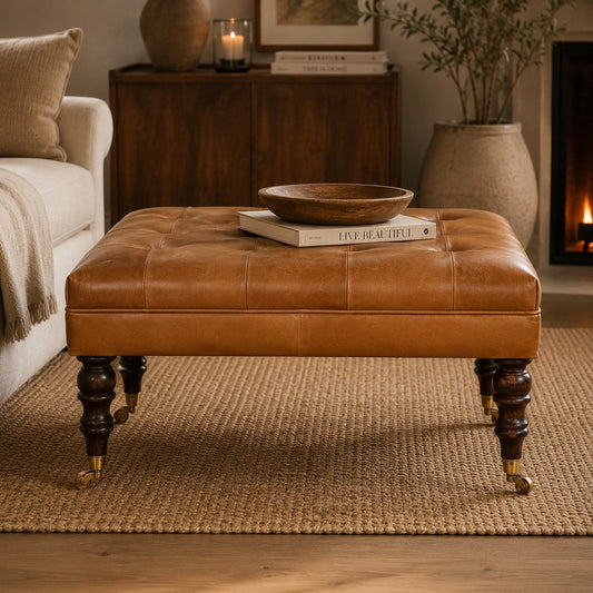 Sutton Buffalo Leather California Walnut Tufted Ottoman