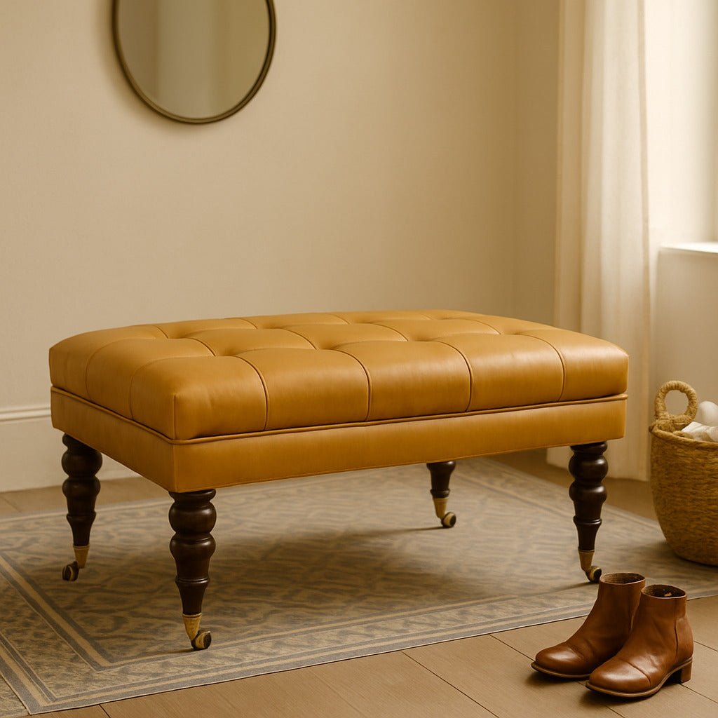 Sutton Buffalo Leather Honey Caramel Tufted Ottoman