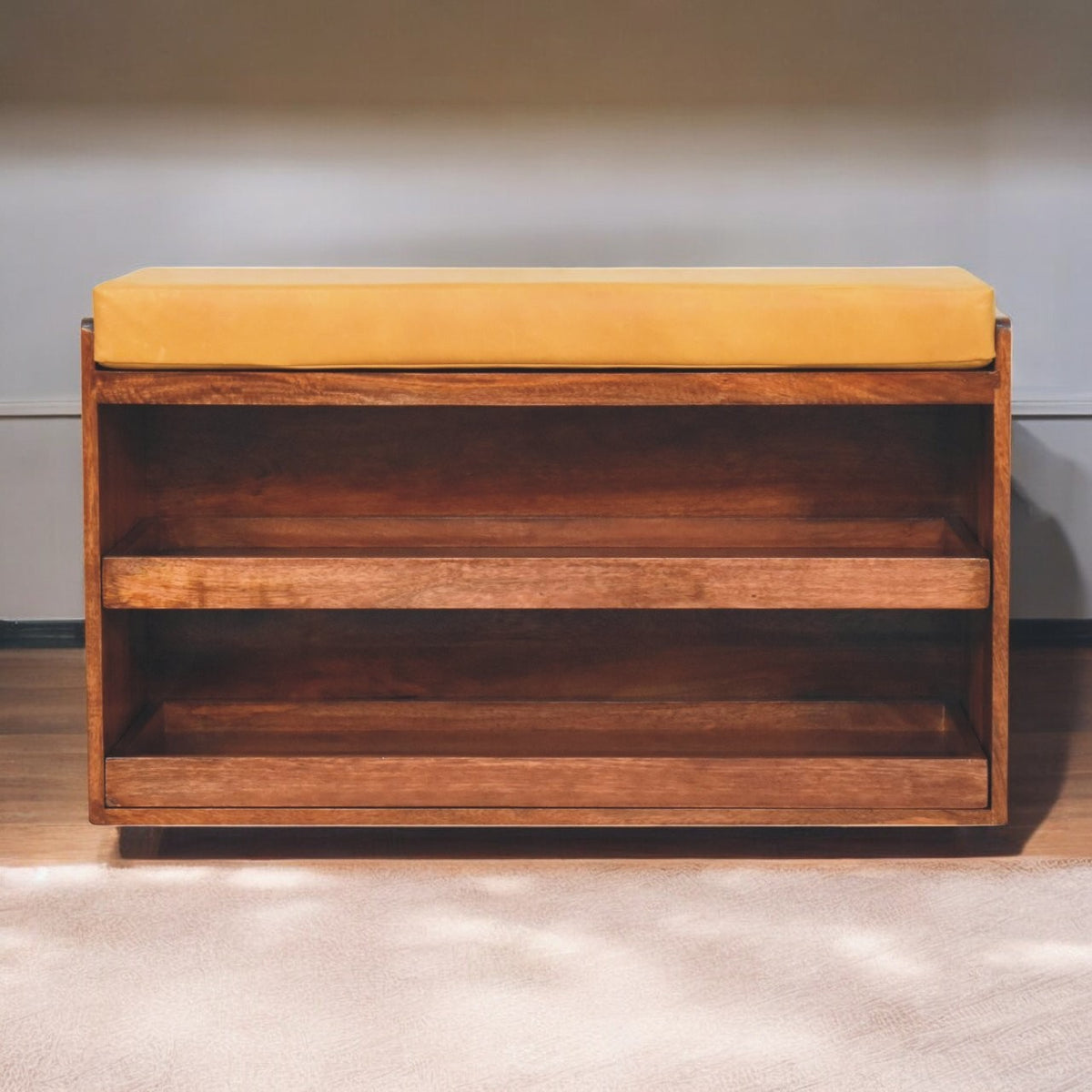 Sutton Buffalo Leather Honey Caramel Shoe Storage Bench