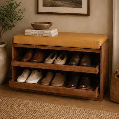 Sutton Buffalo Leather Honey Caramel Shoe Storage Bench