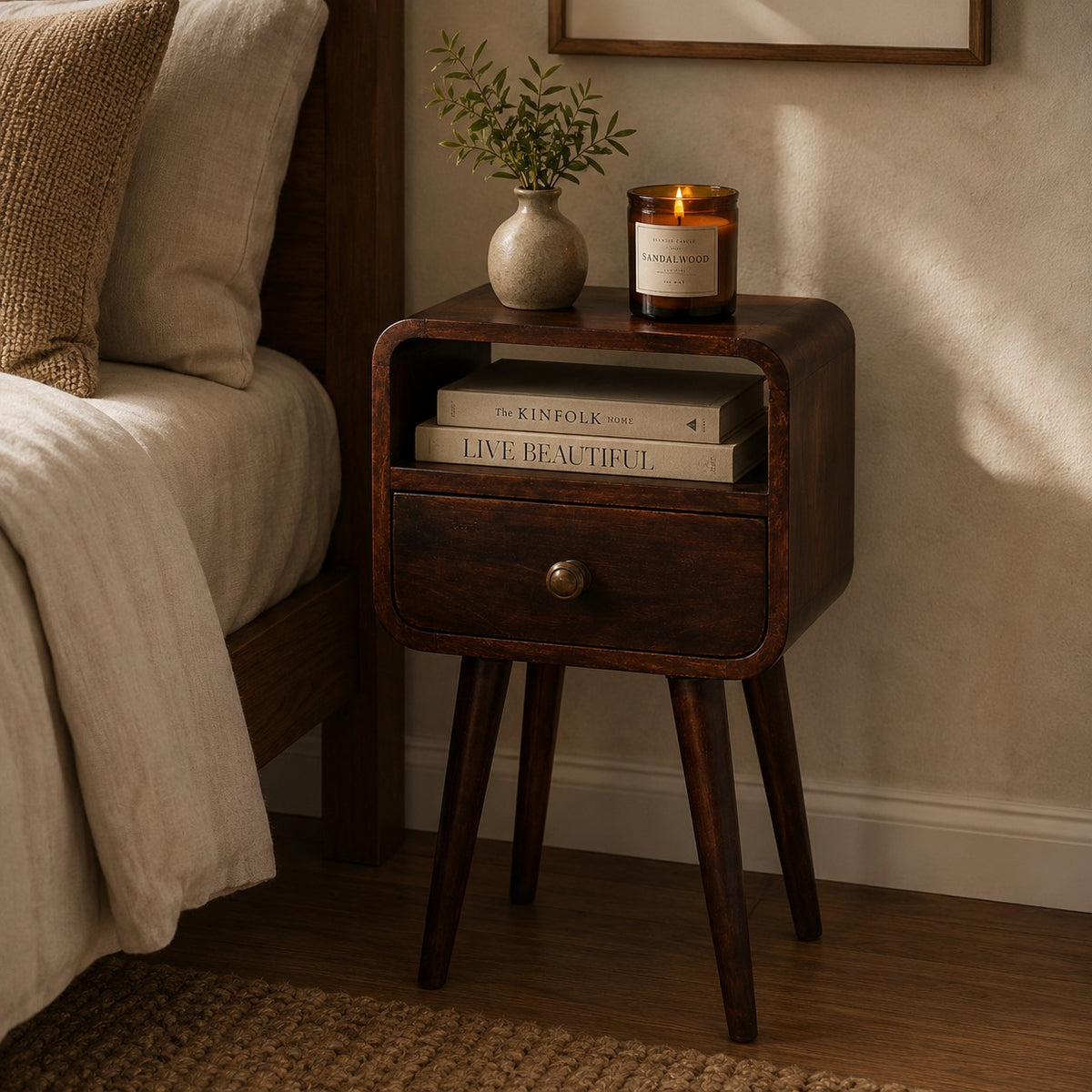 Small Walnut Curved 1 Drawer Open Nightstand