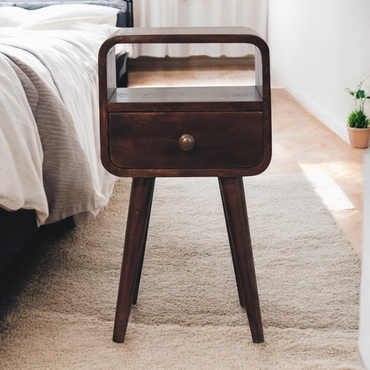 Small Walnut Curved 1 Drawer Open Nightstand