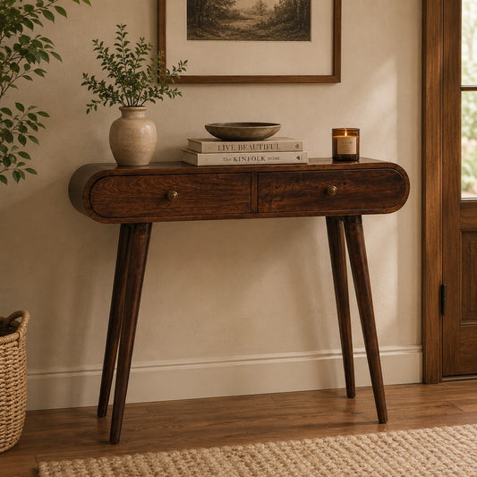 Montecito Walnut Curved 2 Drawer Console Table