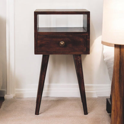Small Walnut 1 Drawer Open Shelf Nightstand