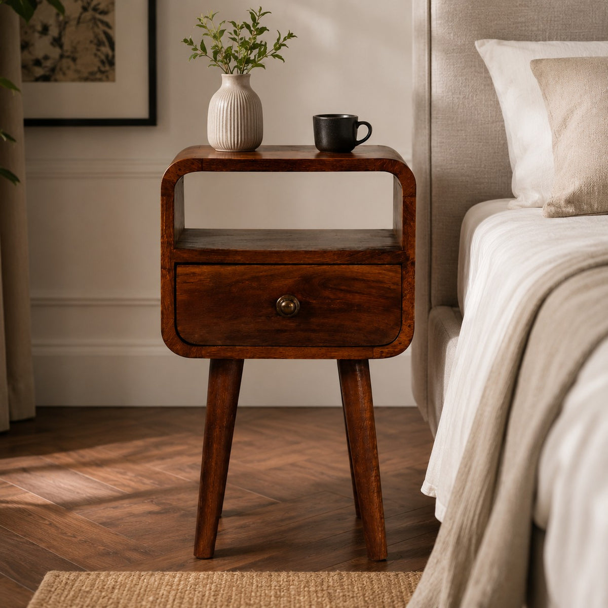 Small Honey Caramel Curved Bedside Table