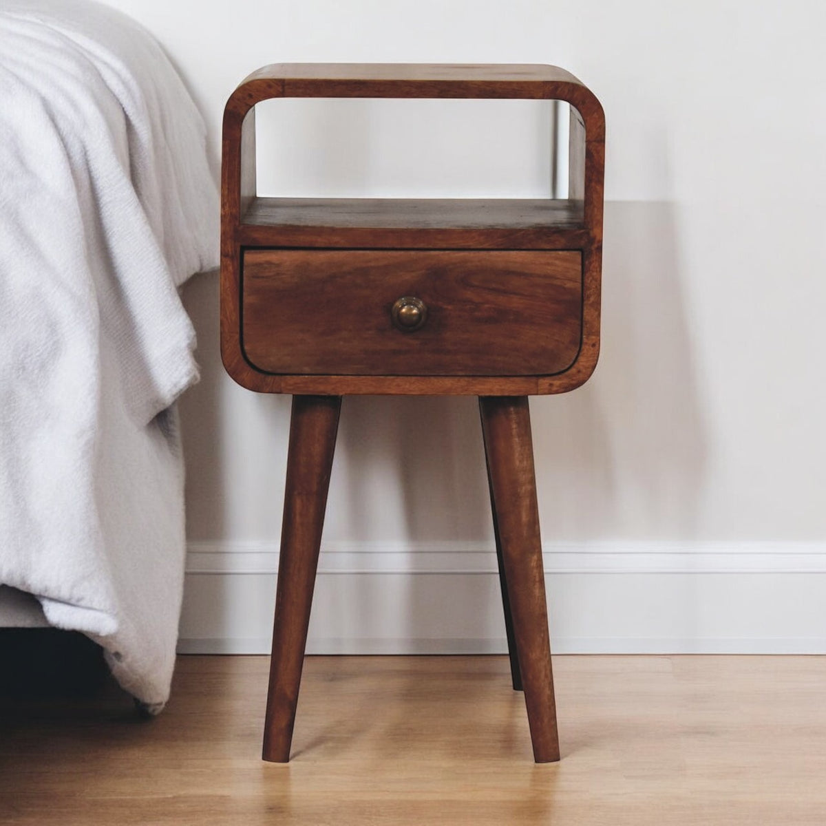 Small Honey Caramel Curved Bedside Table