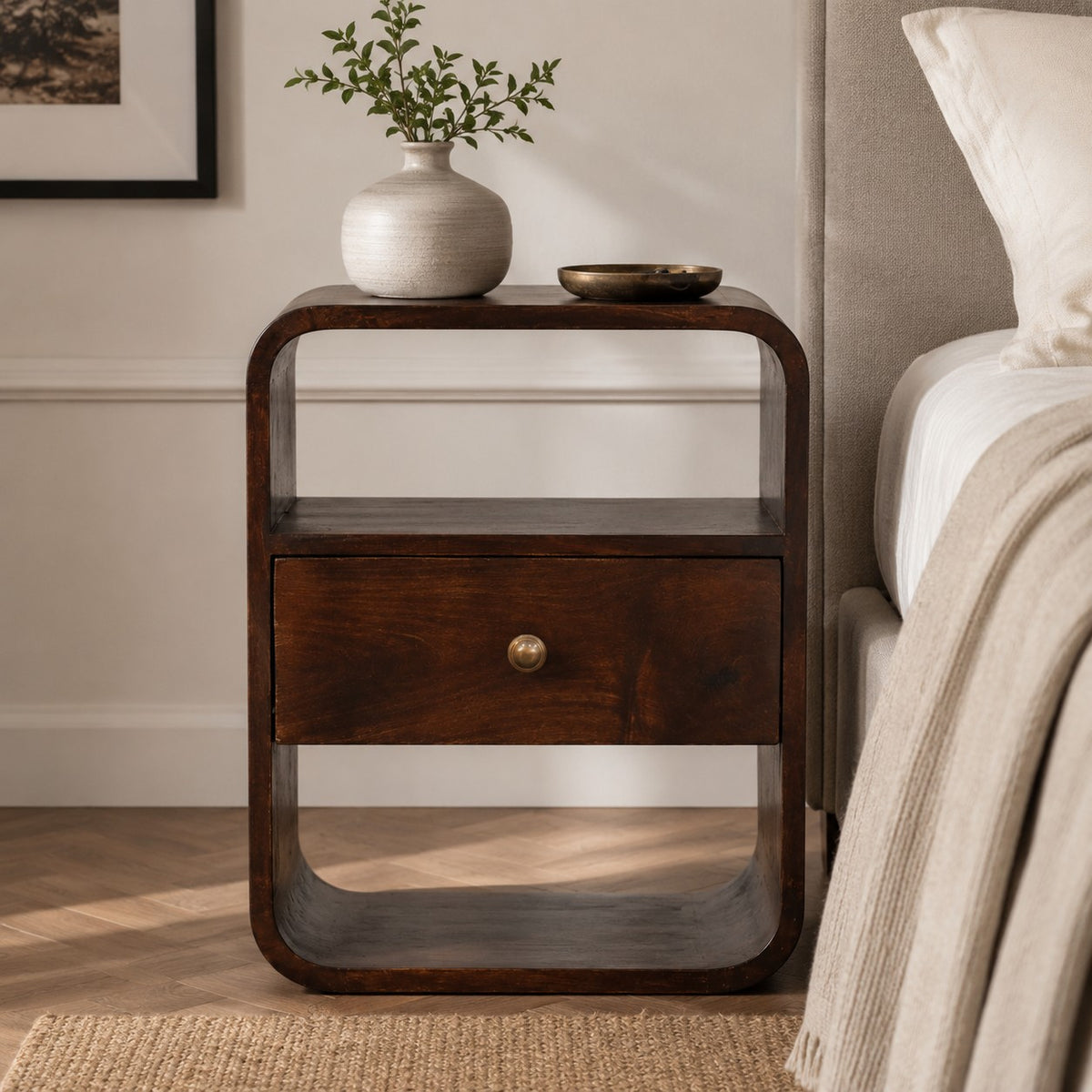 Oslo Walnut Curved 1-Drawer Nightstand