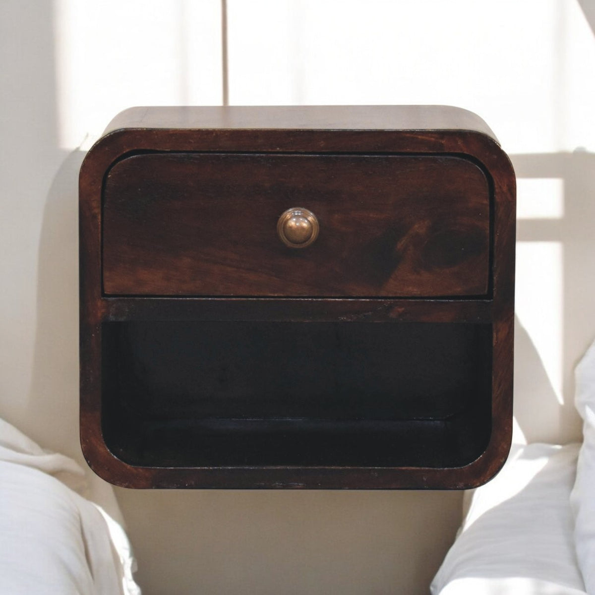 Small Walnut Wood Curved Floating Nightstand