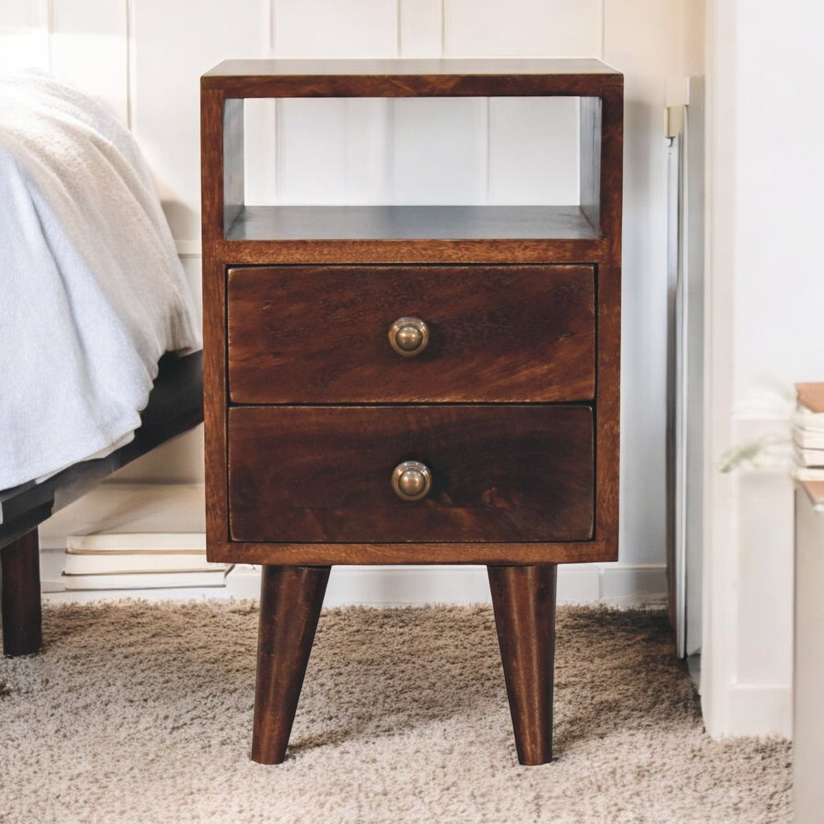 Small Walnut Wood Mid Century 2 Drawer Nightstand