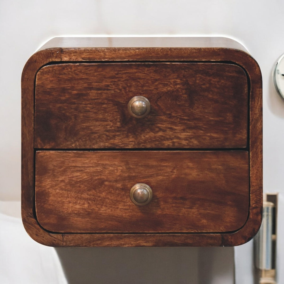 Small Walnut Curved 2 Drawer Wall Nightstand
