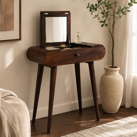 Small Walnut Flip Top Mirror Vanity Desk