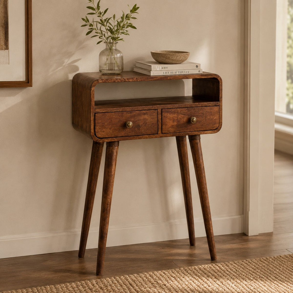 Small Honey Caramel Curved 2 Drawer Console