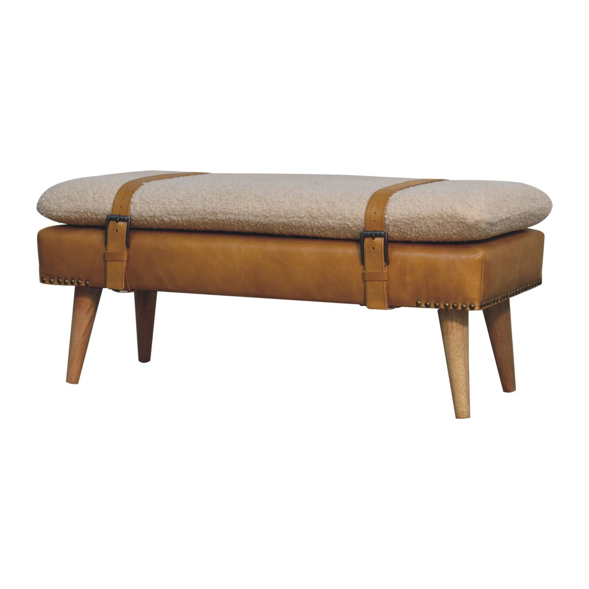Bouclé Montauk Buffalo Hide Tan Leather Bench