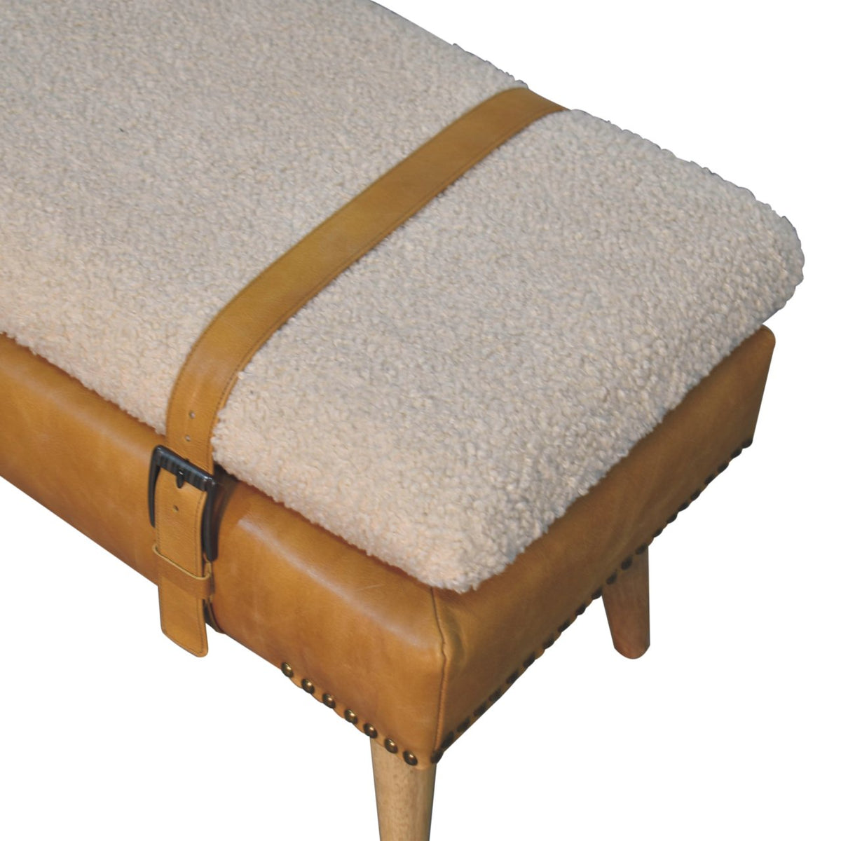 Bouclé Montauk Buffalo Hide Tan Leather Bench