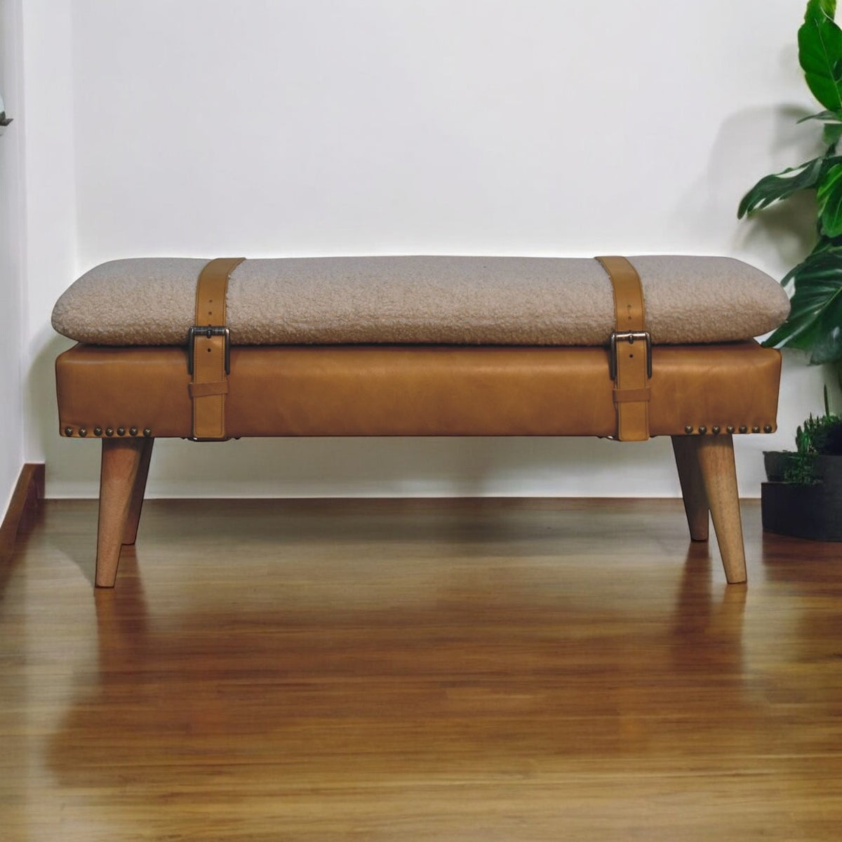 Bouclé Montauk Buffalo Hide Tan Leather Bench